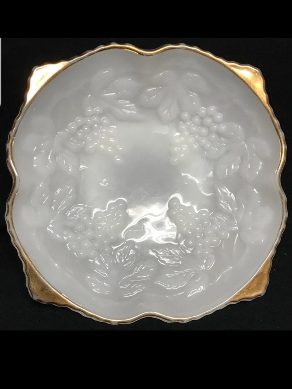 Vintage Anchor Hocking Milk Glass Grape Bowl Gold Trim Pedestal
